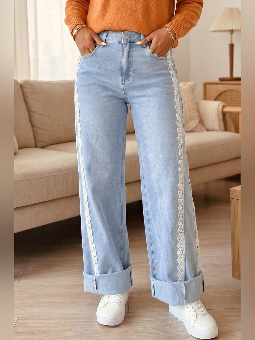 Light Wash Lace Trim Wide Leg Jeans